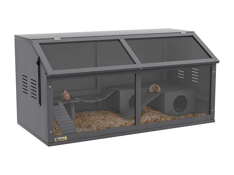 Cage pour hamster en bois, design spacieux avec pont suspendu et échelle, toit ouvrant, gris foncé (100x52x50 cm)