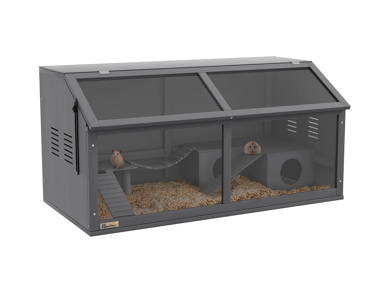 Cage pour hamster en bois, design spacieux avec pont suspendu et échelle, toit ouvrant, gris foncé (100x52x50 cm)