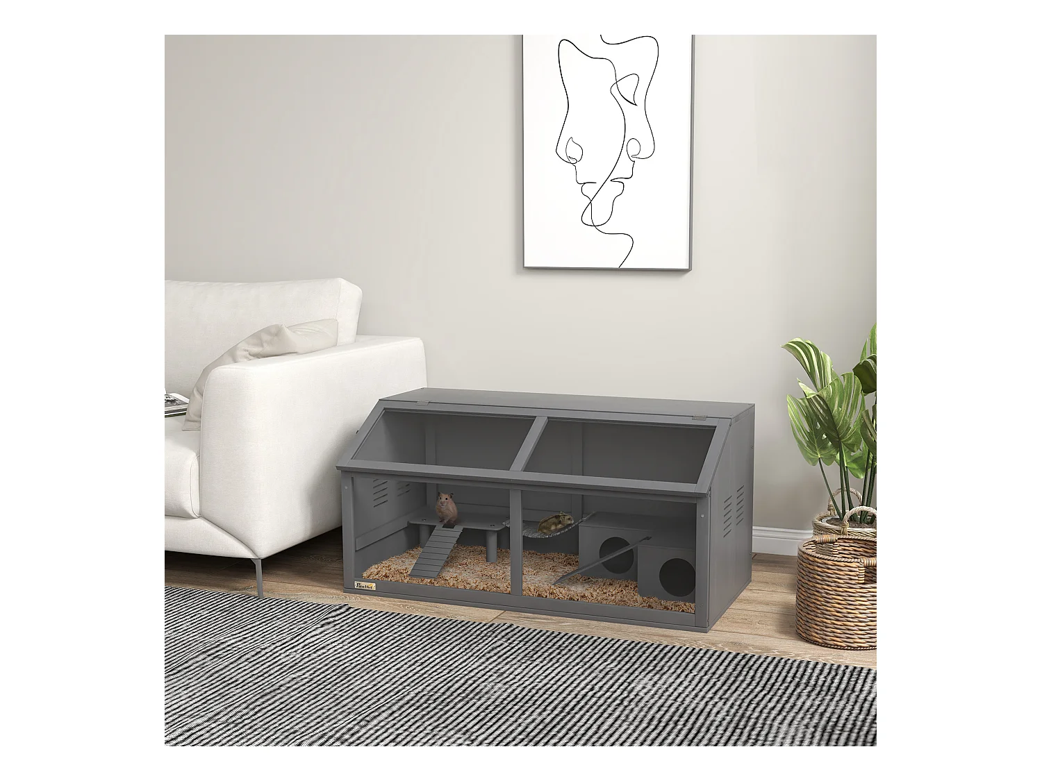 Cage pour hamster en bois, design spacieux avec pont suspendu et échelle, toit ouvrant, gris foncé (100x52x50 cm)