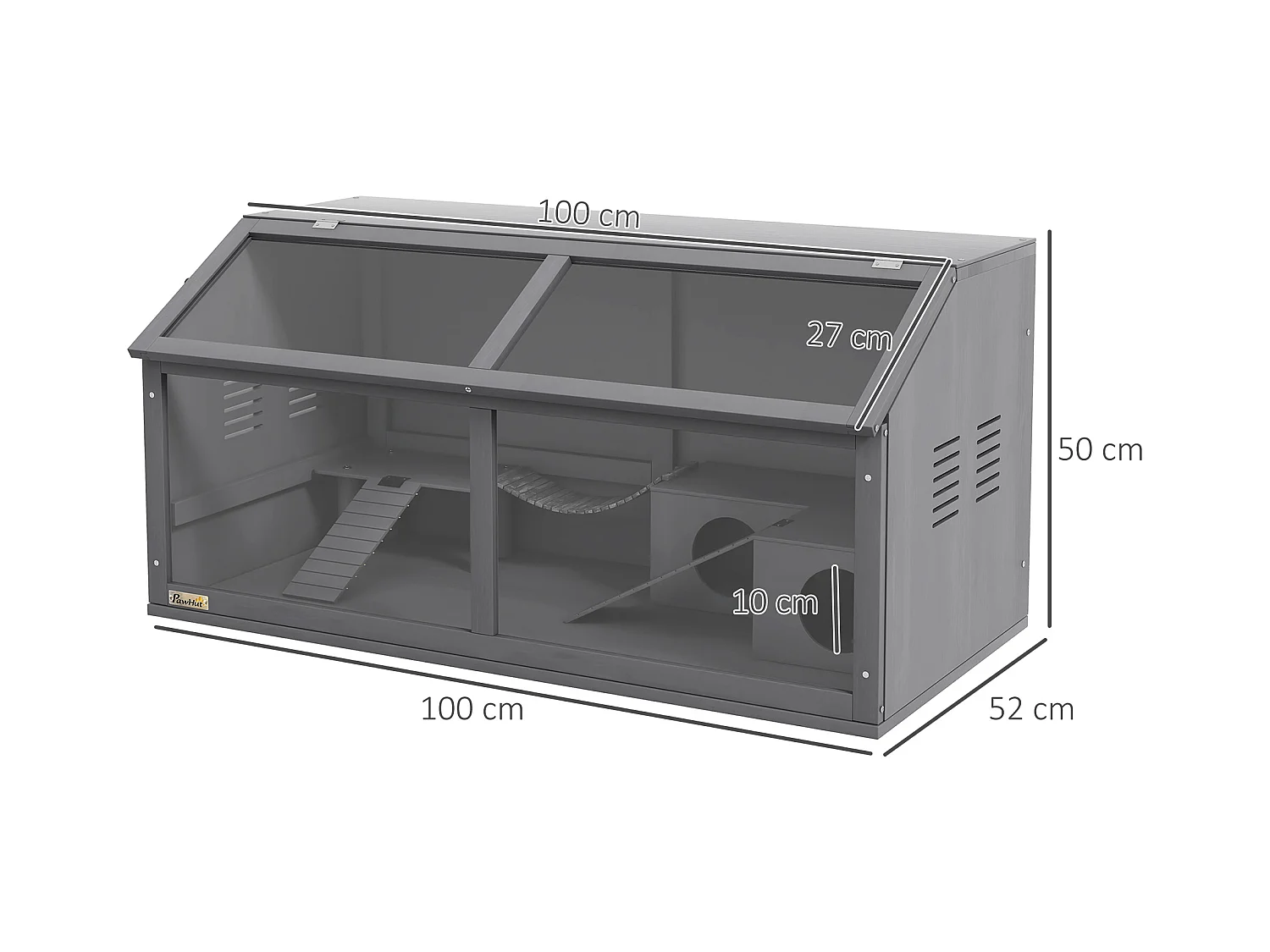 Cage pour hamster en bois, design spacieux avec pont suspendu et échelle, toit ouvrant, gris foncé (100x52x50 cm)