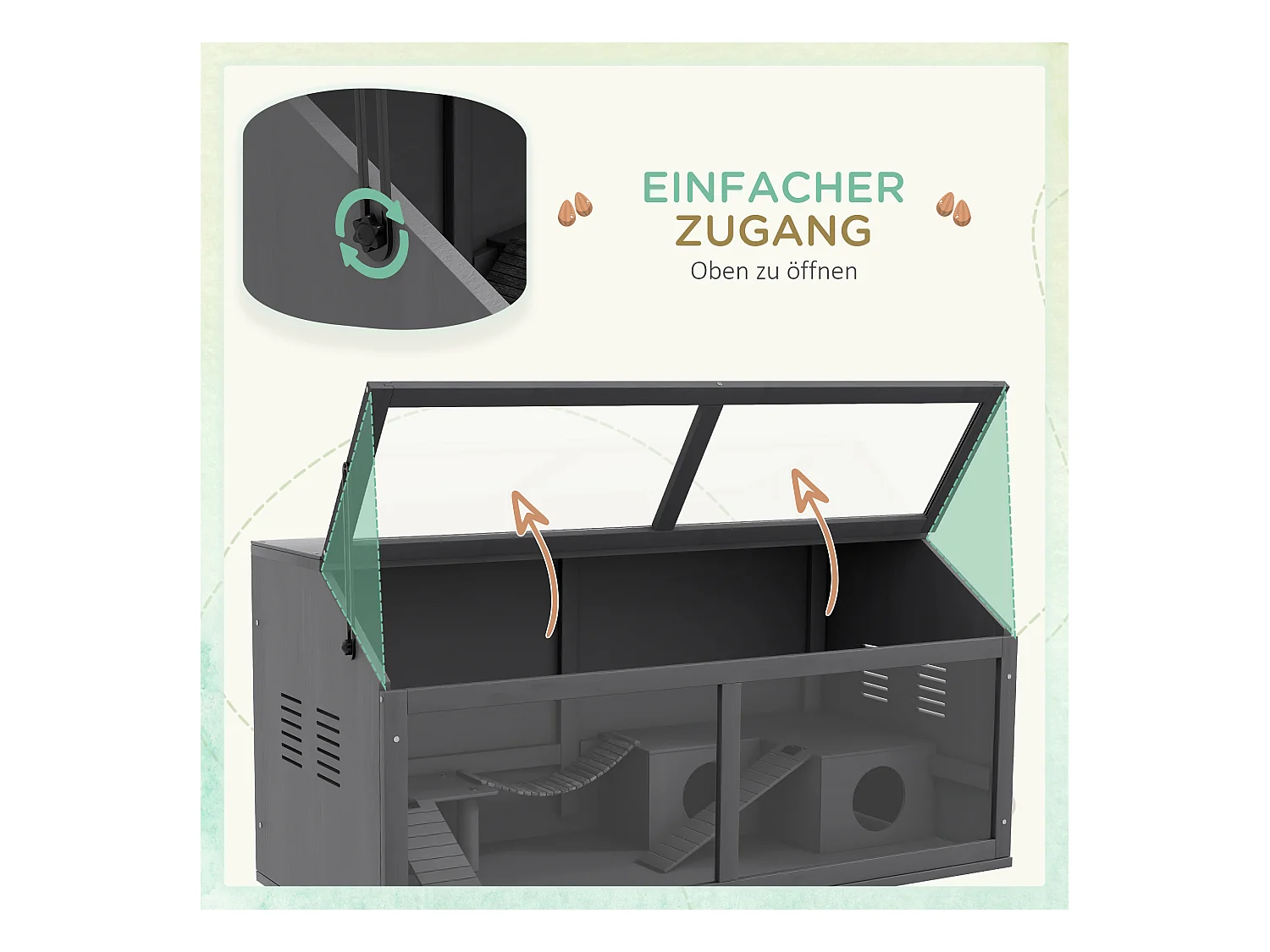 Cage pour hamster en bois, design spacieux avec pont suspendu et échelle, toit ouvrant, gris foncé (100x52x50 cm)