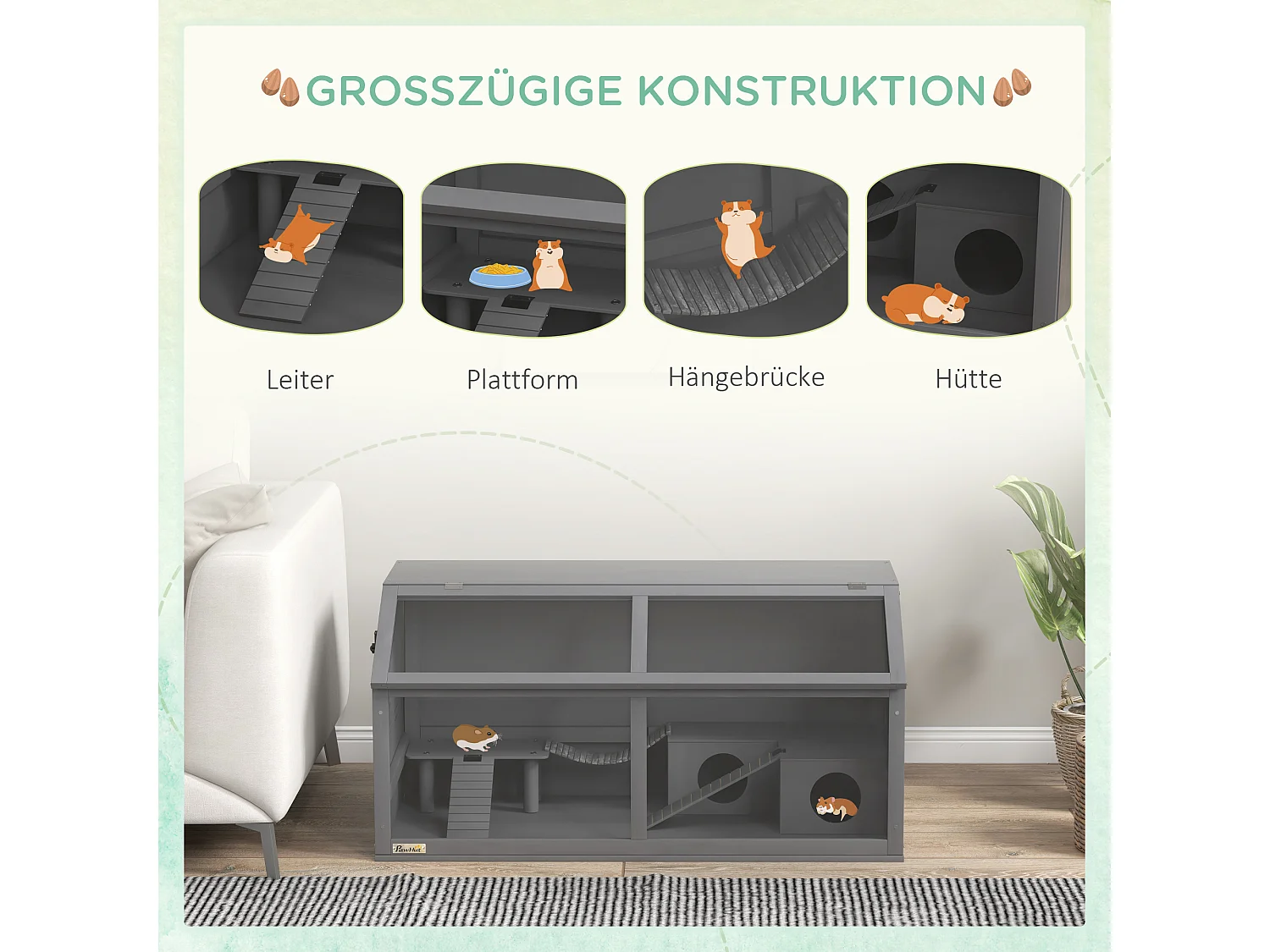 Cage pour hamster en bois, design spacieux avec pont suspendu et échelle, toit ouvrant, gris foncé (100x52x50 cm)