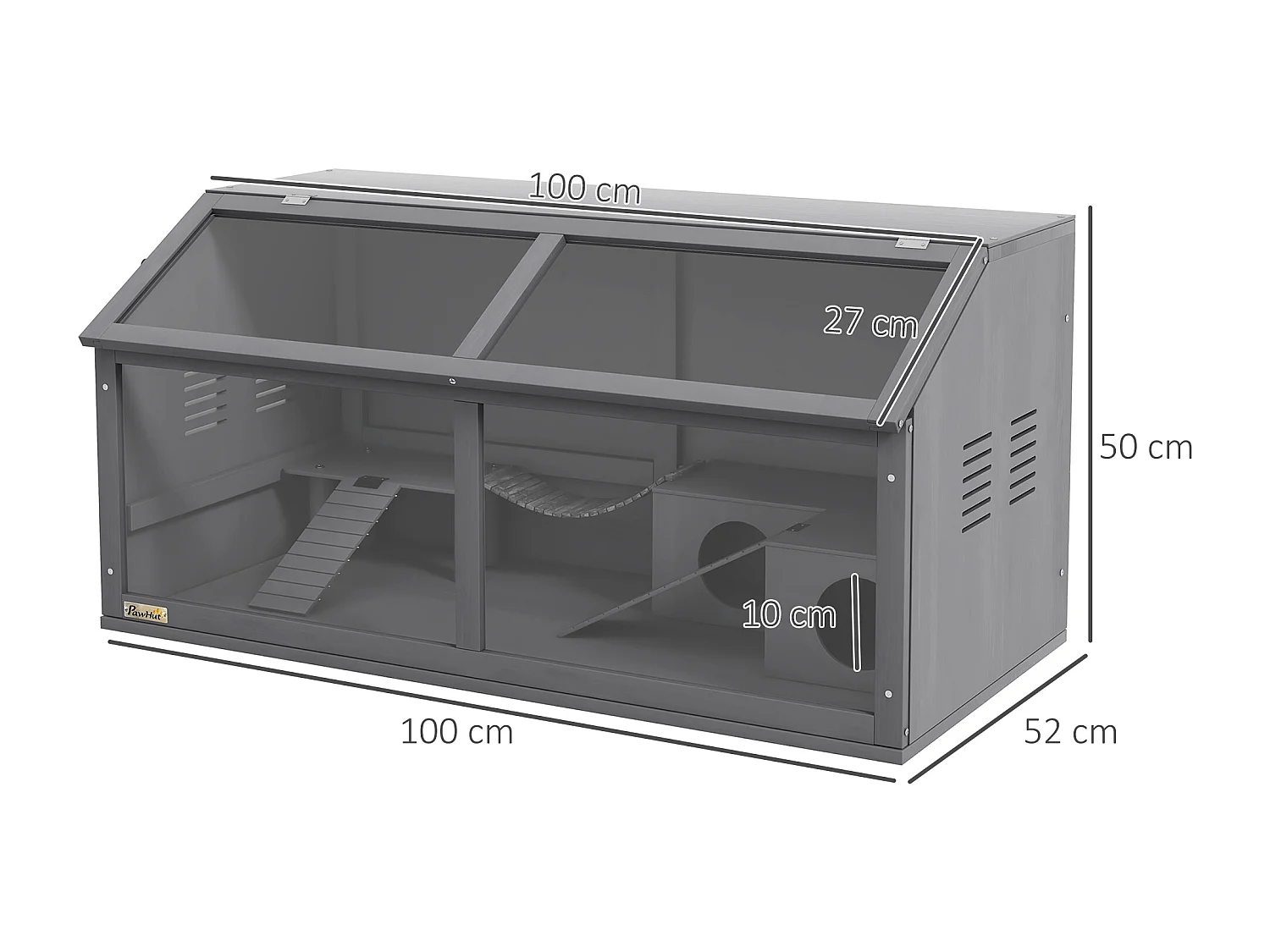 Cage pour hamster en bois, design spacieux avec pont suspendu et échelle, toit ouvrant, gris foncé (100x52x50 cm)