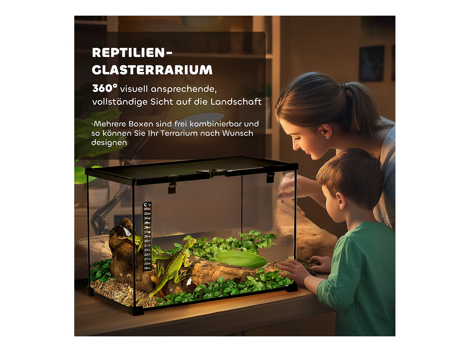 Terrarium en verre sécurisé pour reptiles avec structure métallique, noir (50x30x35cm)