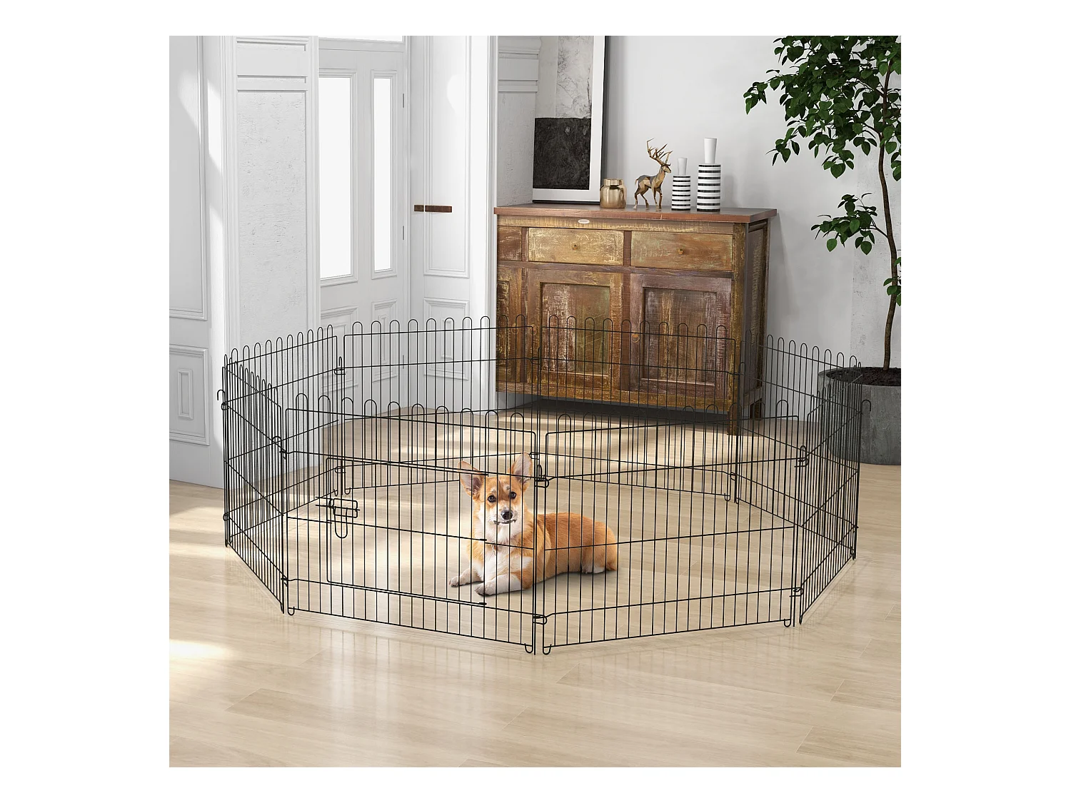 Enclos pour chiots flexible, métal robuste, noir avec porte verrouillable (180x180x61cm)