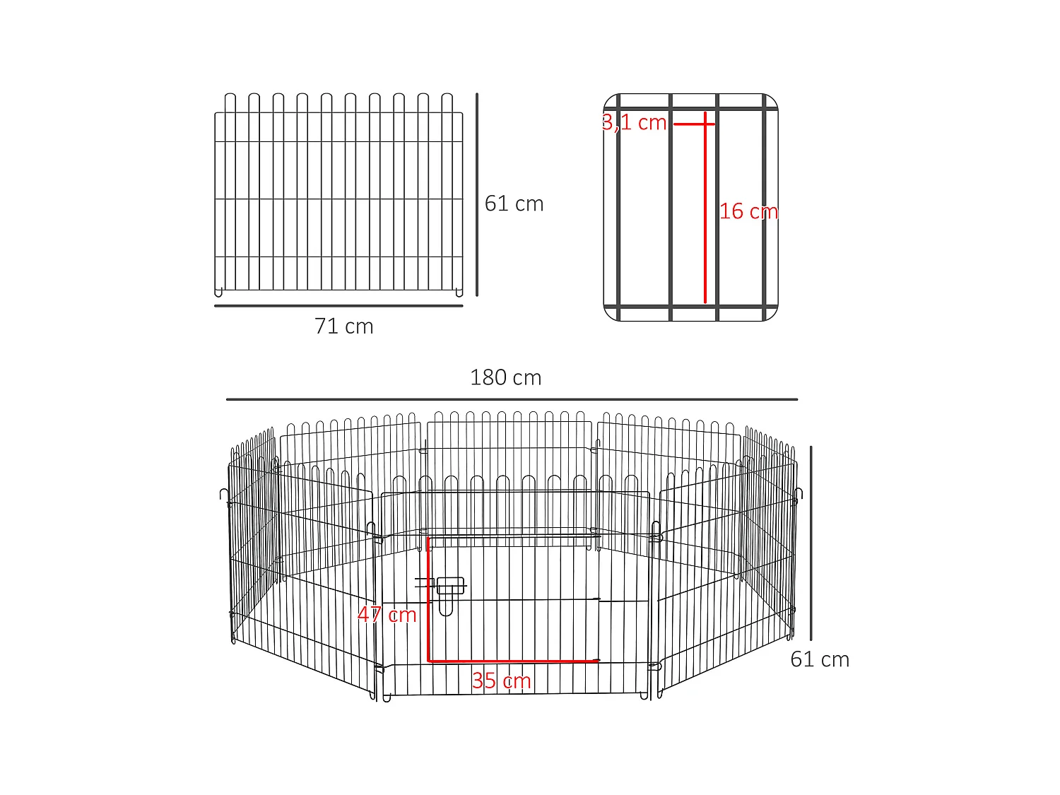 Enclos pour chiots flexible, métal robuste, noir avec porte verrouillable (180x180x61cm)