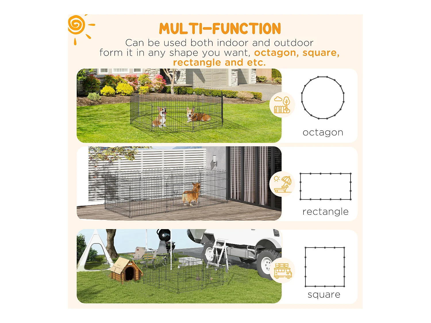 Enclos pour chiots flexible, métal robuste, noir avec porte verrouillable (180x180x61cm)