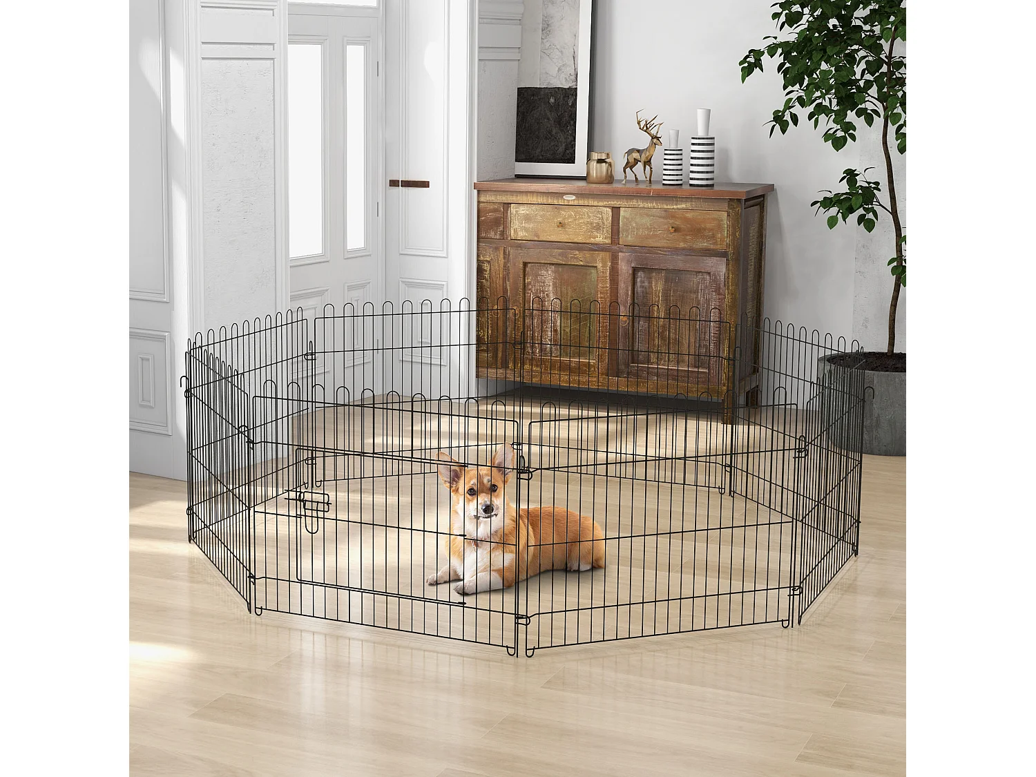 Enclos pour chiots flexible, métal robuste, noir avec porte verrouillable (180x180x61cm)