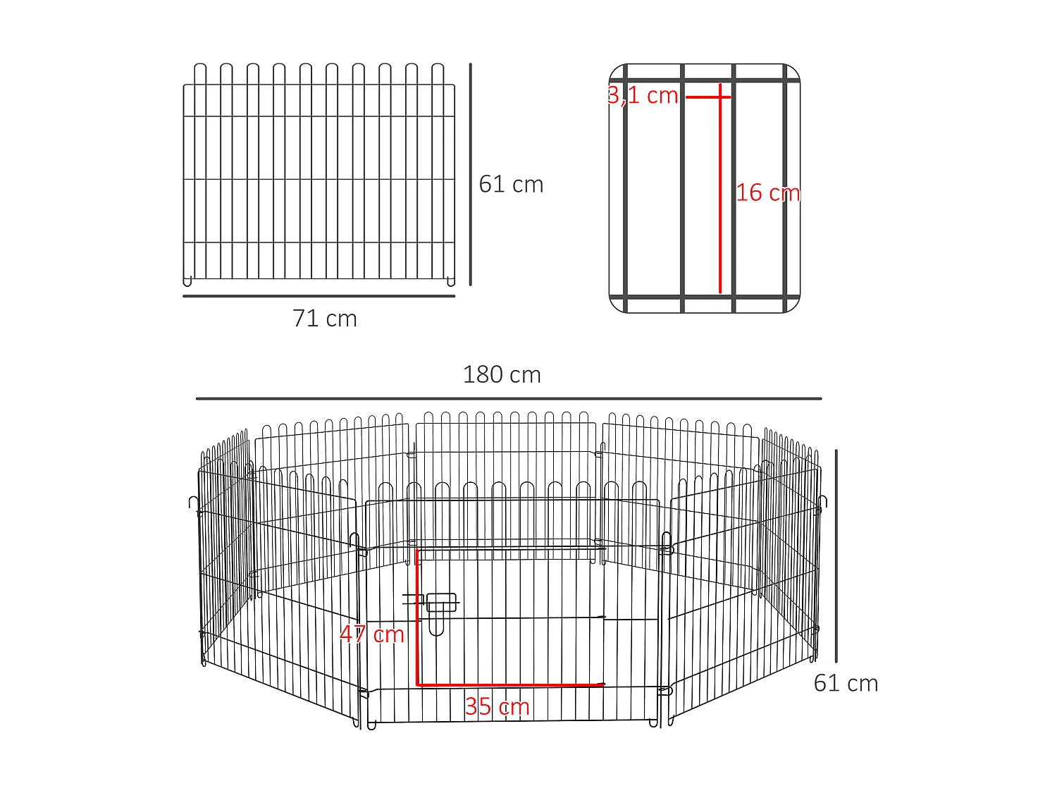 Enclos pour chiots flexible, métal robuste, noir avec porte verrouillable (180x180x61cm)