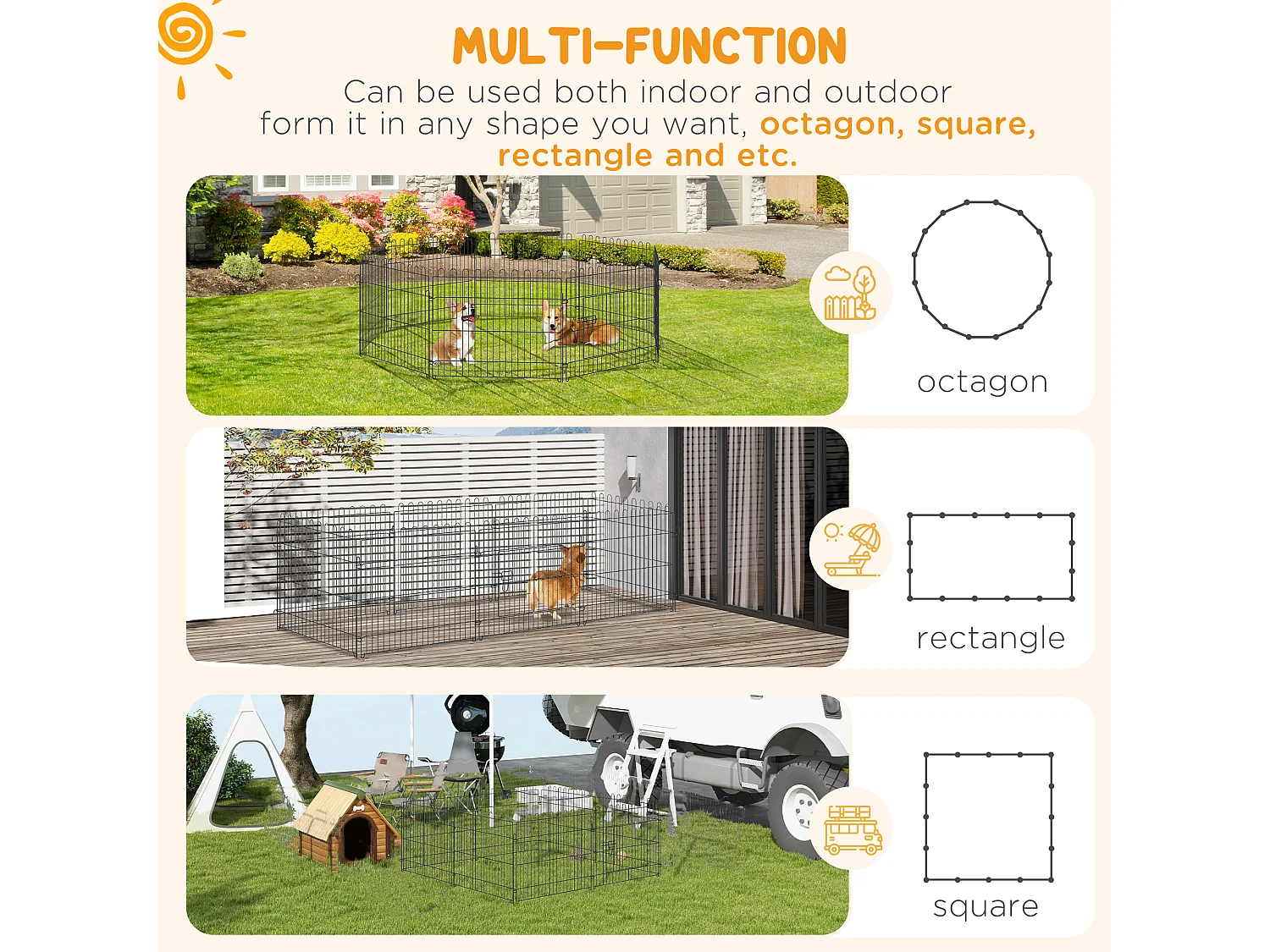 Enclos pour chiots flexible, métal robuste, noir avec porte verrouillable (180x180x61cm)