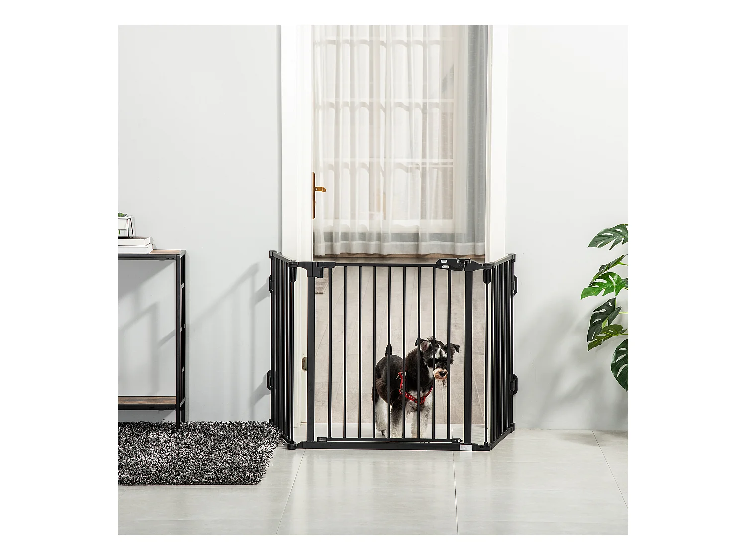 Barrière pour chien à porte automatique, réglable et pliable, 3 panneaux, plastique, noir (202.5x2x76cm)