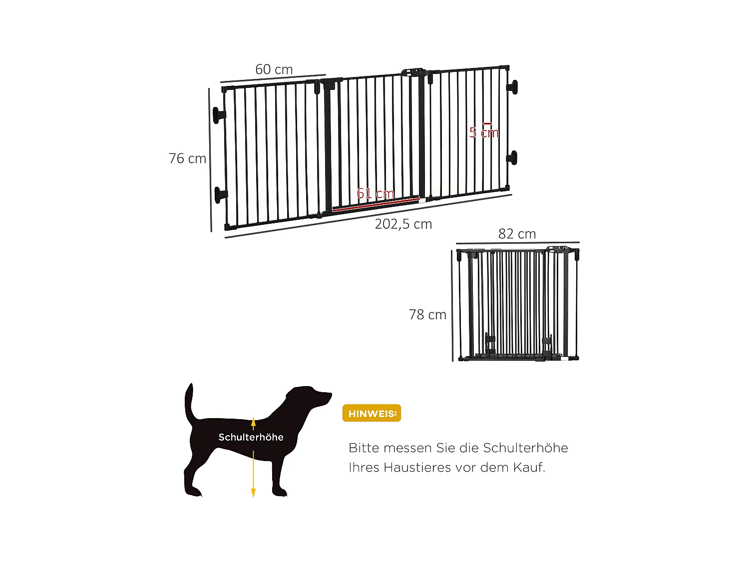 Barrière pour chien à porte automatique, réglable et pliable, 3 panneaux, plastique, noir (202.5x2x76cm)