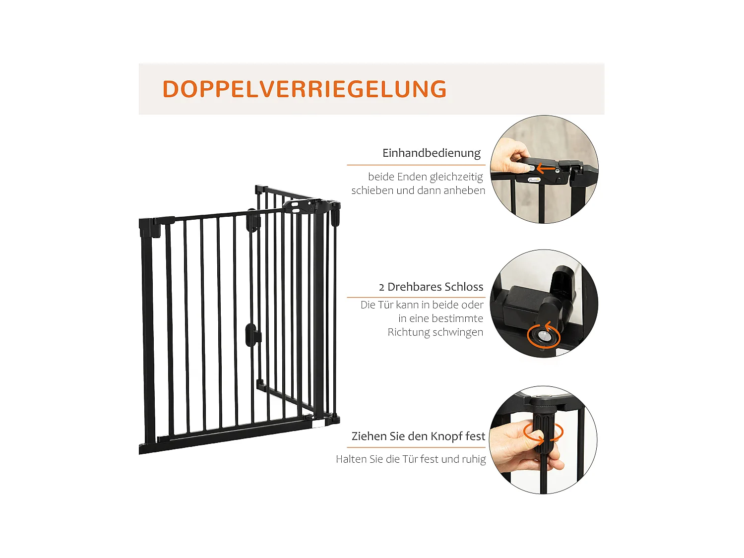 Barrière pour chien à porte automatique, réglable et pliable, 3 panneaux, plastique, noir (202.5x2x76cm)