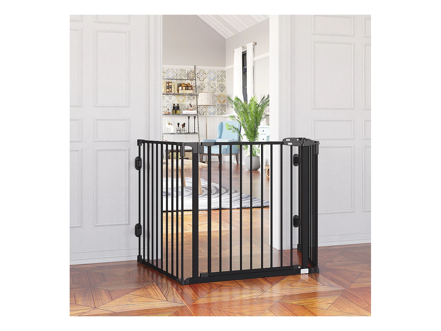 Barrière pour chien à porte automatique, réglable et pliable, 3 panneaux, plastique, noir (202.5x2x76cm)