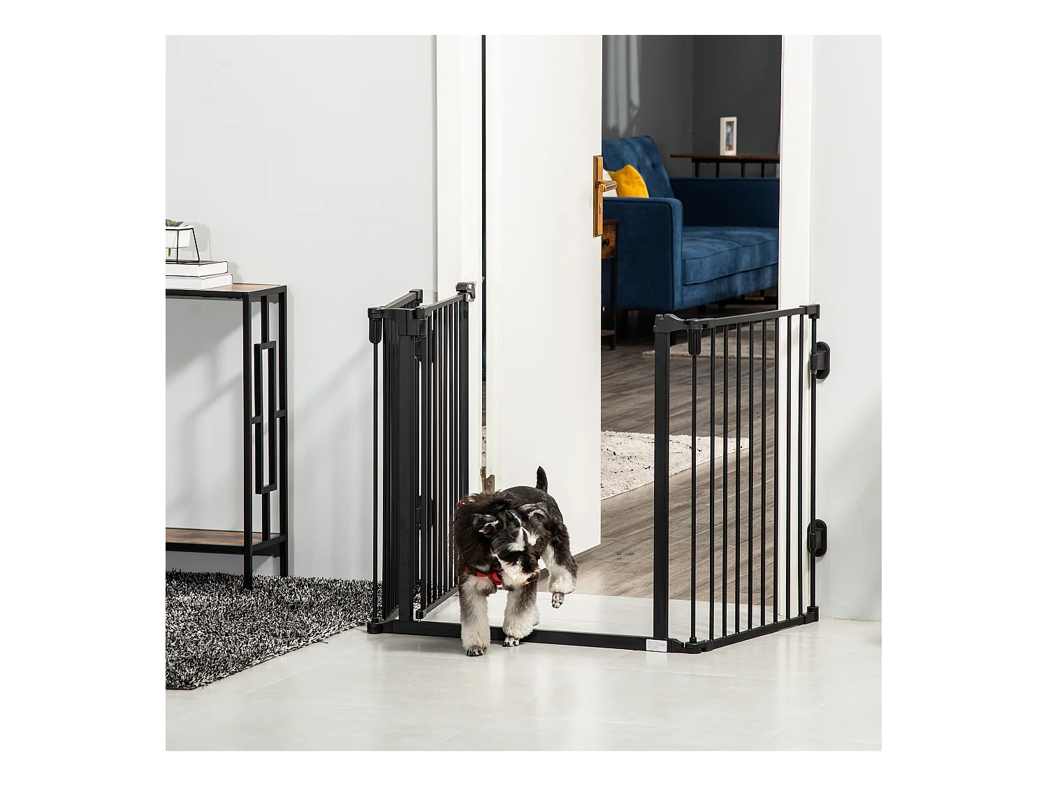 Barrière pour chien à porte automatique, réglable et pliable, 3 panneaux, plastique, noir (202.5x2x76cm)