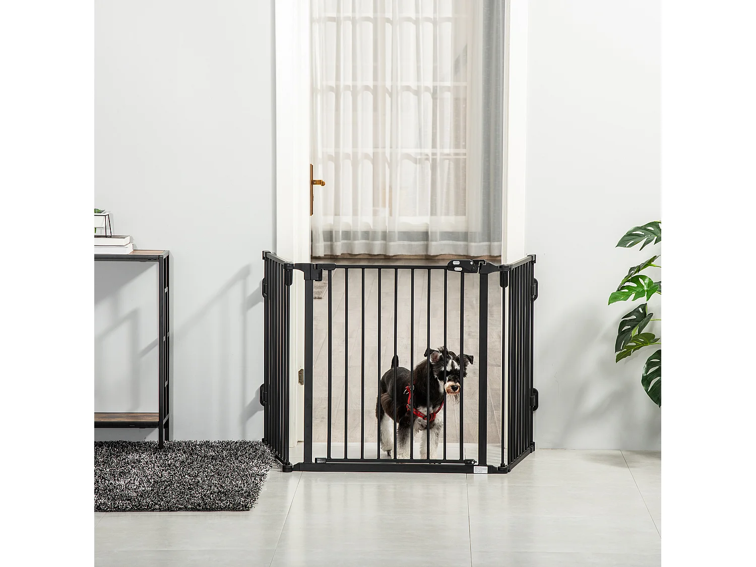 Barrière pour chien à porte automatique, réglable et pliable, 3 panneaux, plastique, noir (202.5x2x76cm)