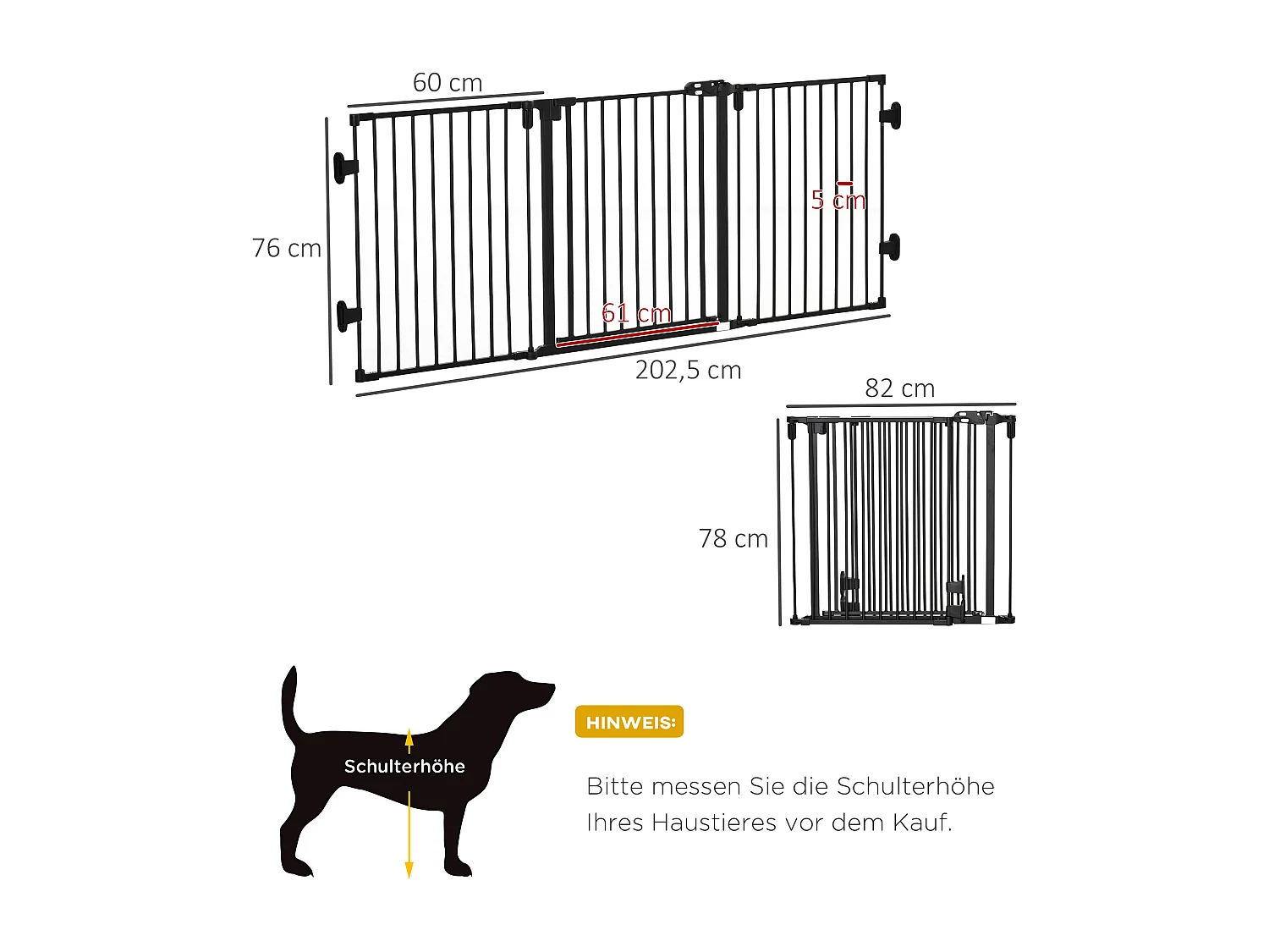 Barrière pour chien à porte automatique, réglable et pliable, 3 panneaux, plastique, noir (202.5x2x76cm)