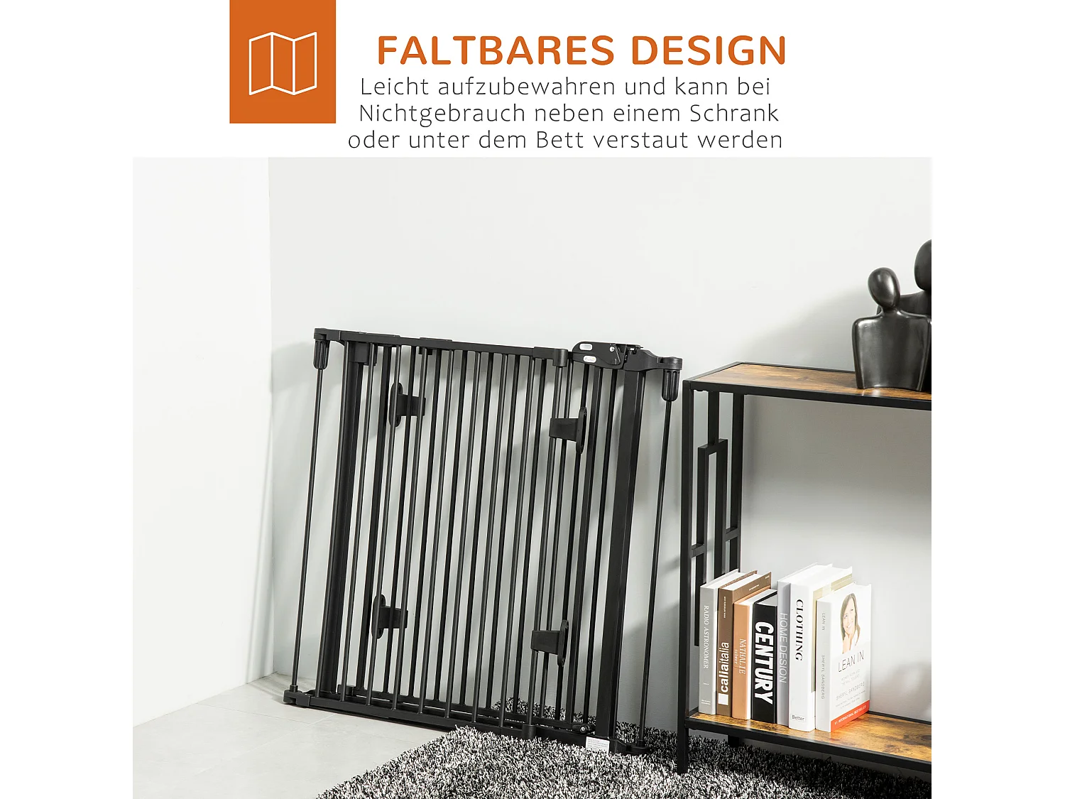 Barrière pour chien à porte automatique, réglable et pliable, 3 panneaux, plastique, noir (202.5x2x76cm)