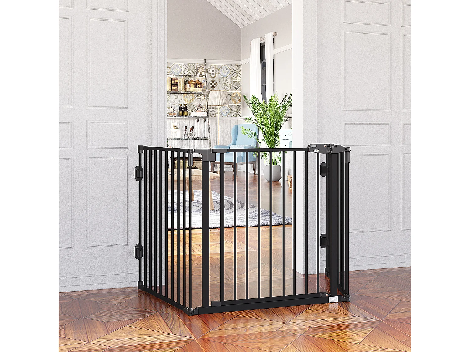 Barrière pour chien à porte automatique, réglable et pliable, 3 panneaux, plastique, noir (202.5x2x76cm)