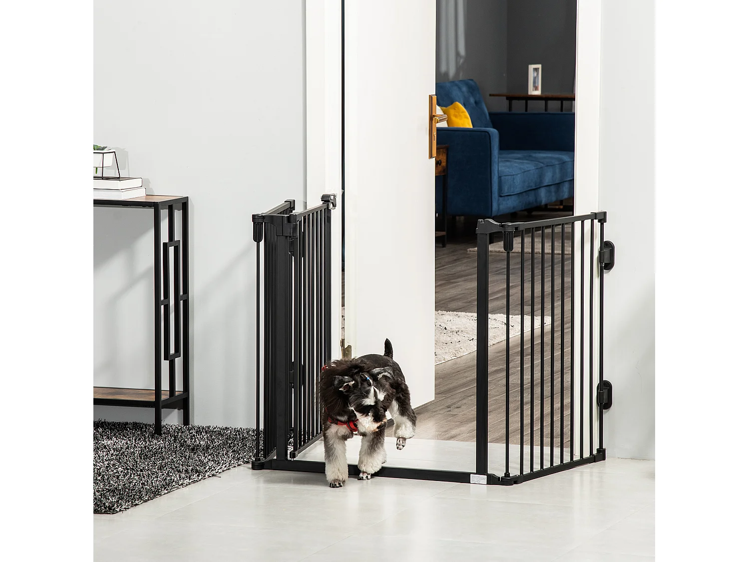 Barrière pour chien à porte automatique, réglable et pliable, 3 panneaux, plastique, noir (202.5x2x76cm)