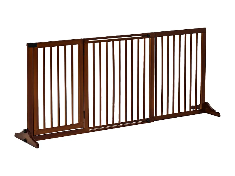 Cancelletto regolabile per cani con porta, in legno massello, marrone (113-166x36x71cm)