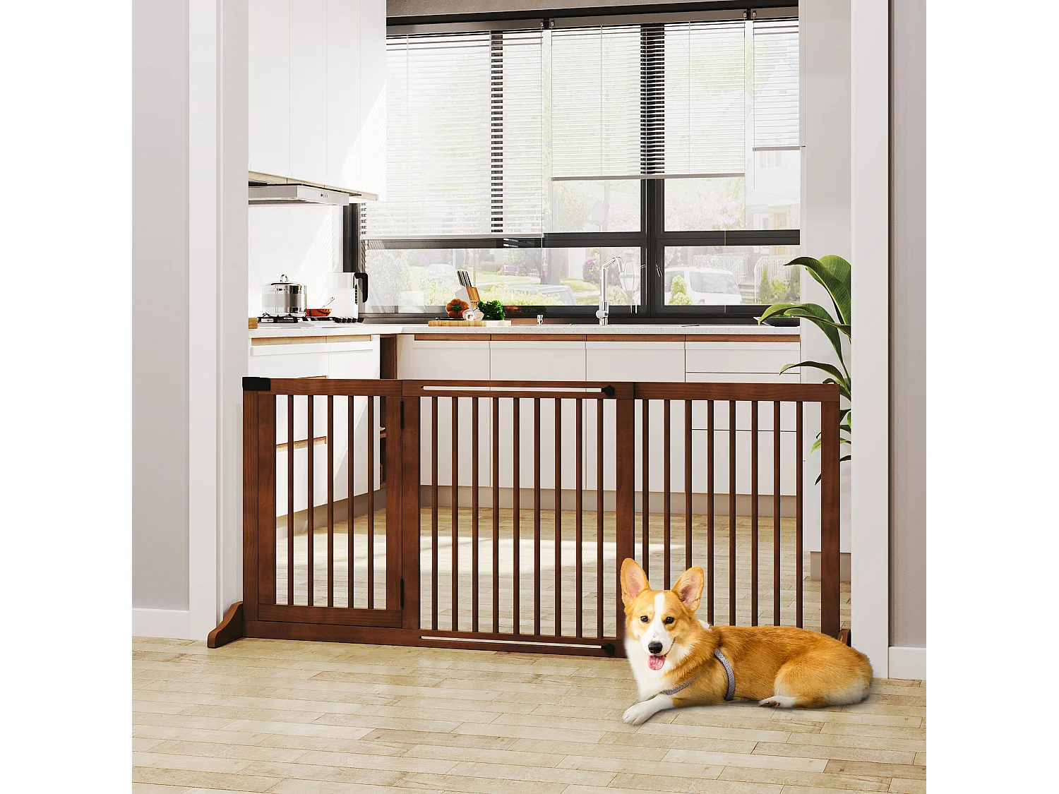 Cancelletto regolabile per cani con porta, in legno massello, marrone (113-166x36x71cm)