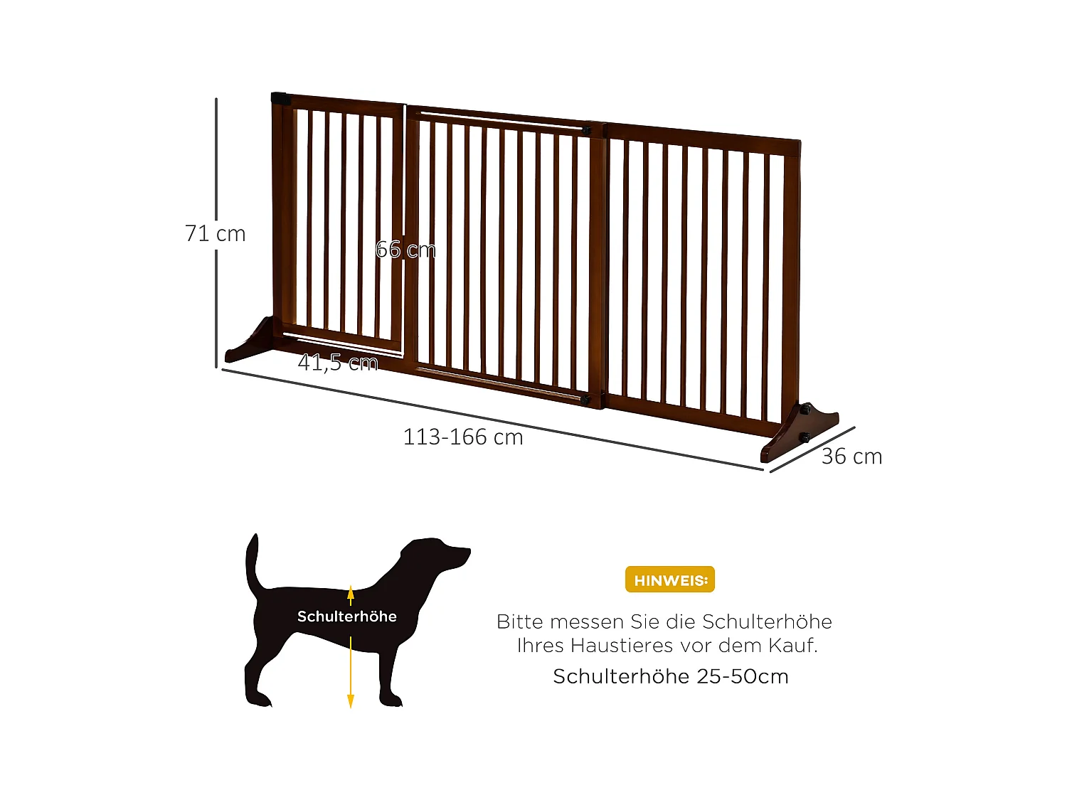 Cancelletto regolabile per cani con porta, in legno massello, marrone (113-166x36x71cm)