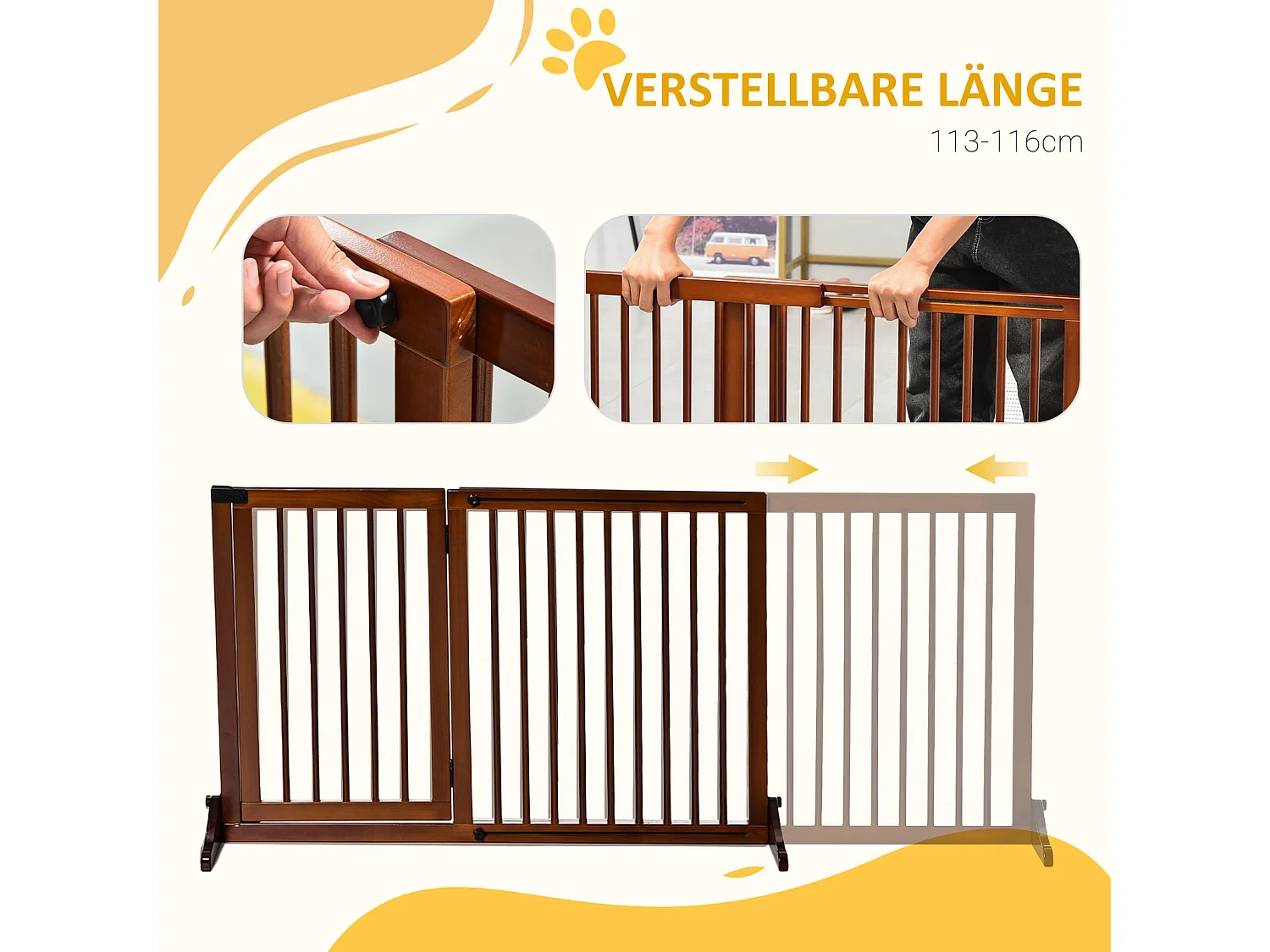 Cancelletto regolabile per cani con porta, in legno massello, marrone (113-166x36x71cm)