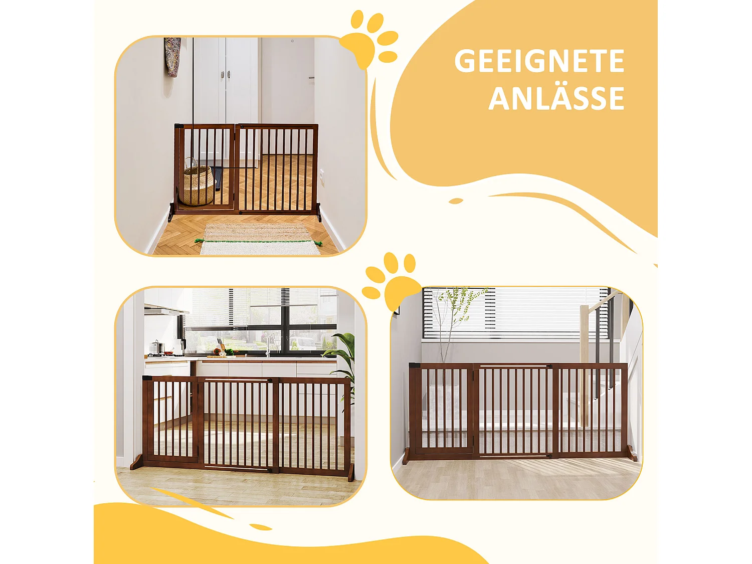 Cancelletto regolabile per cani con porta, in legno massello, marrone (113-166x36x71cm)