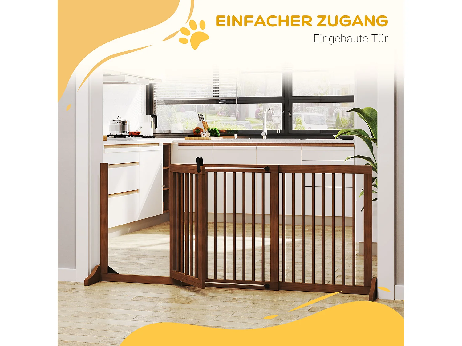 Cancelletto regolabile per cani con porta, in legno massello, marrone (113-166x36x71cm)