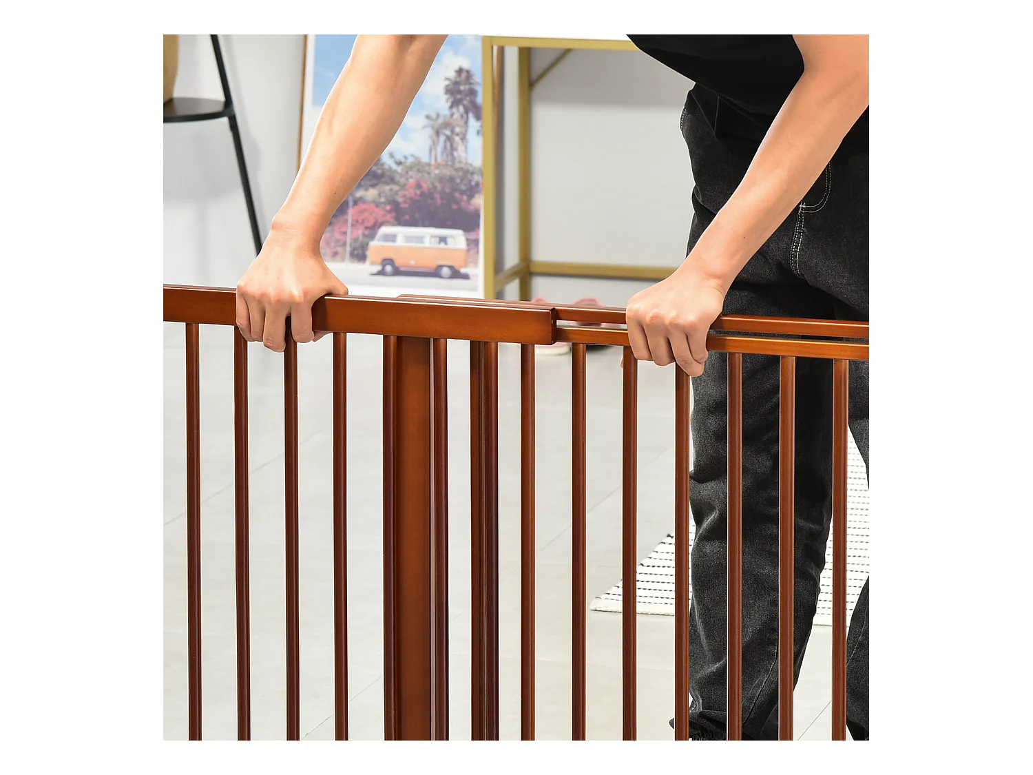 Cancelletto regolabile per cani con porta, in legno massello, marrone (113-166x36x71cm)