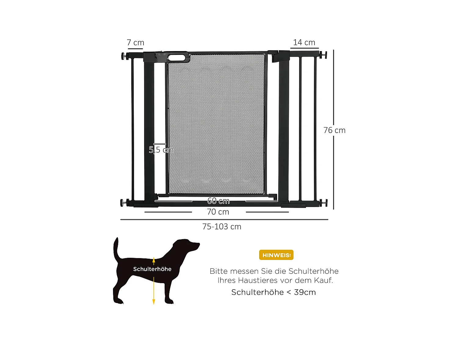 Barrière de sécurité pour porte et escalier, ajustable sans perçage, système auto-fermant, acier, noir (75-103x76x2 cm)