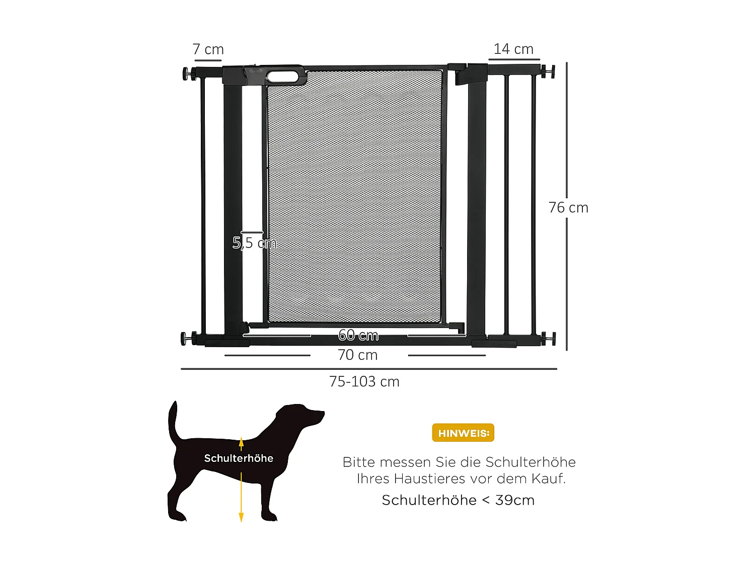 Barrière de sécurité pour porte et escalier, ajustable sans perçage, système auto-fermant, acier, noir (75-103x76x2 cm)