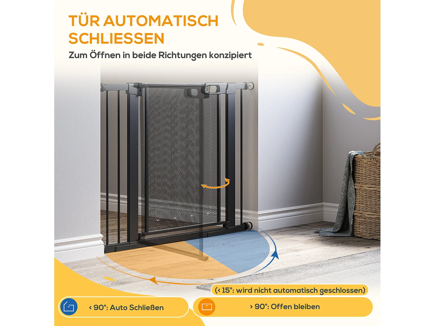 Barrière de sécurité pour porte et escalier, ajustable sans perçage, système auto-fermant, acier, noir (75-103x76x2 cm)