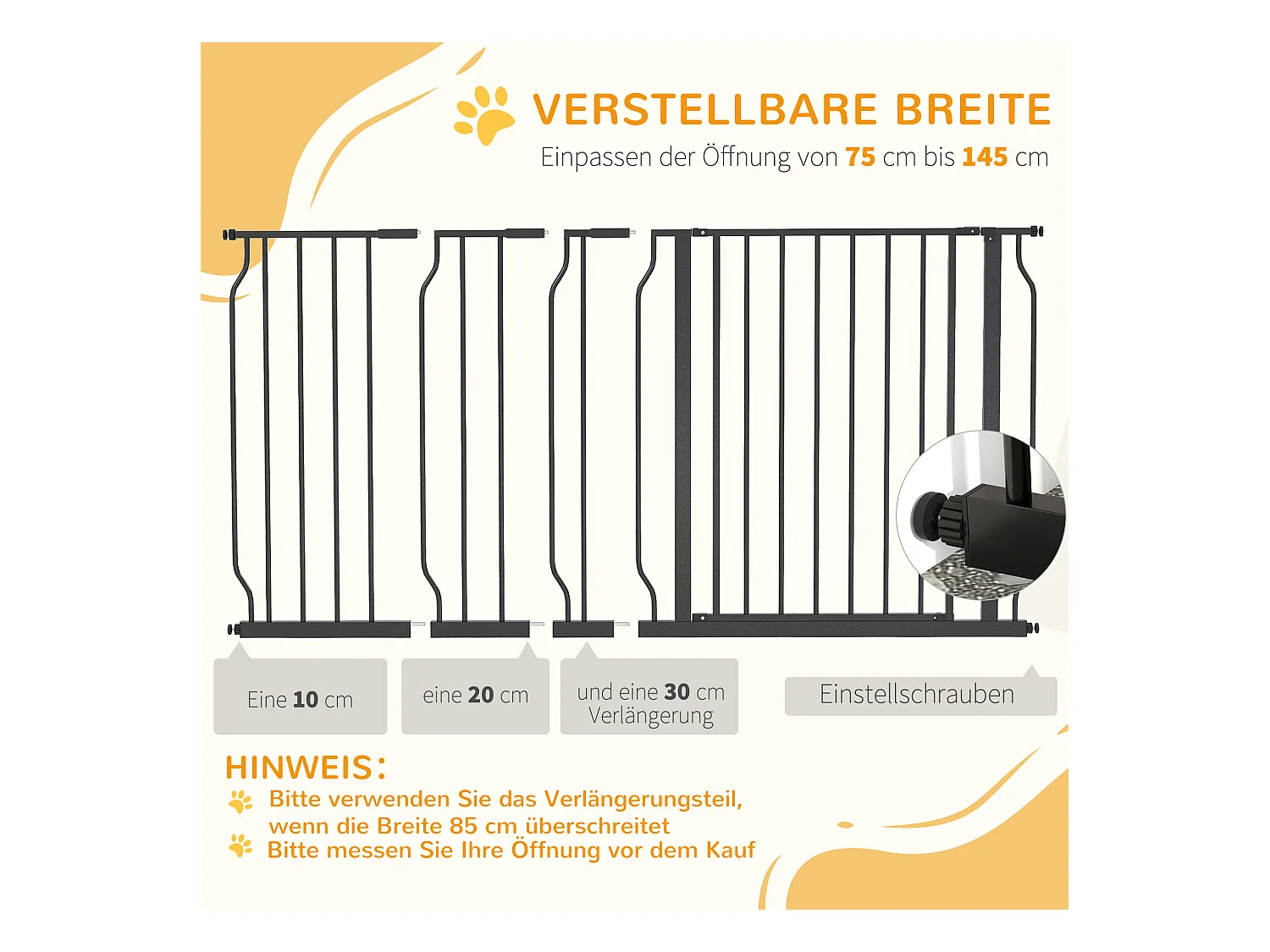 Barrière pour chien réglable, système de verrouillage double, ouverture bidirectionnelle, acier et ABS, noir (75-145x76x3 cm)