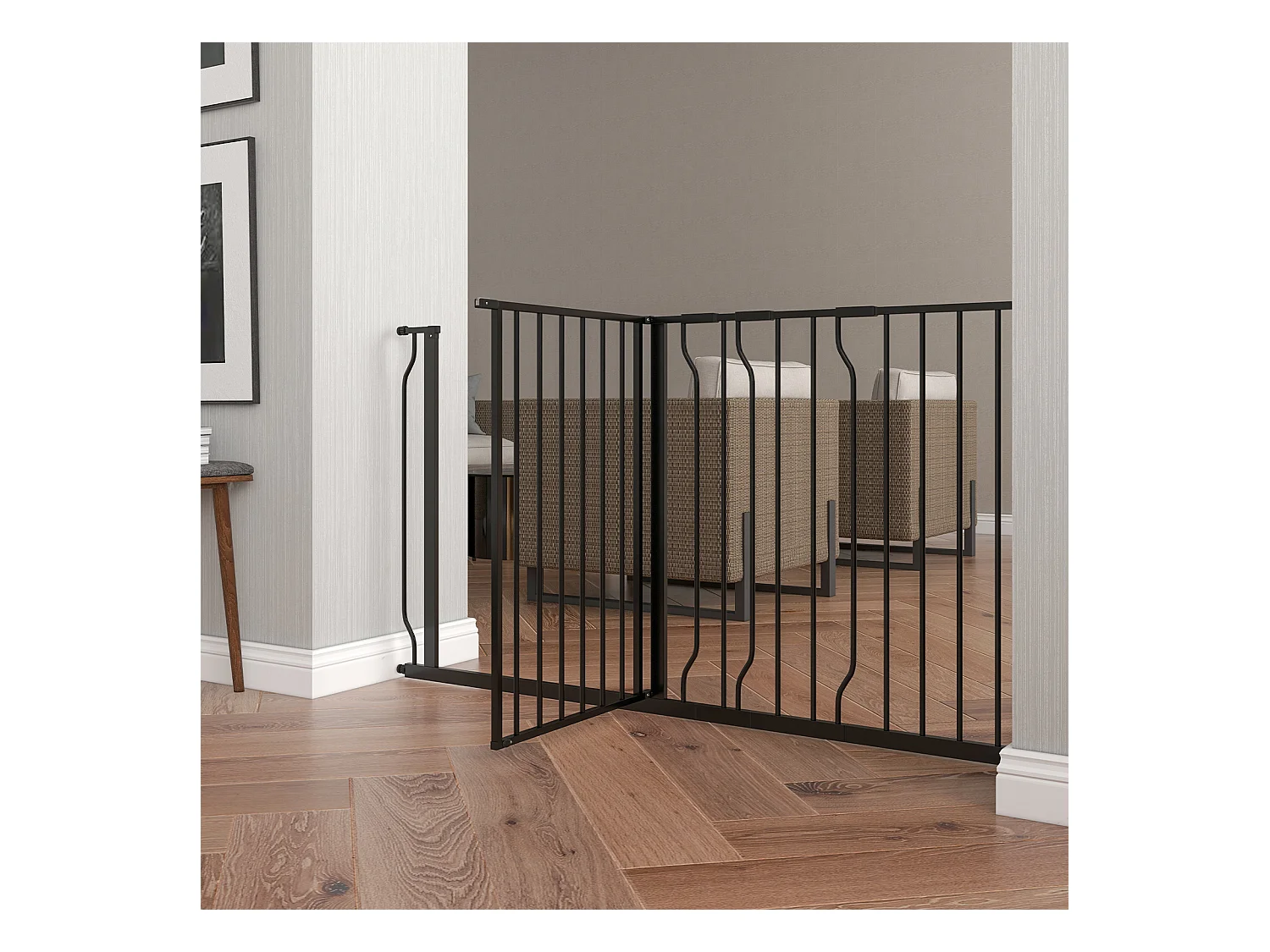 Barrière pour chien réglable, système de verrouillage double, ouverture bidirectionnelle, acier et ABS, noir (75-145x76x3 cm)