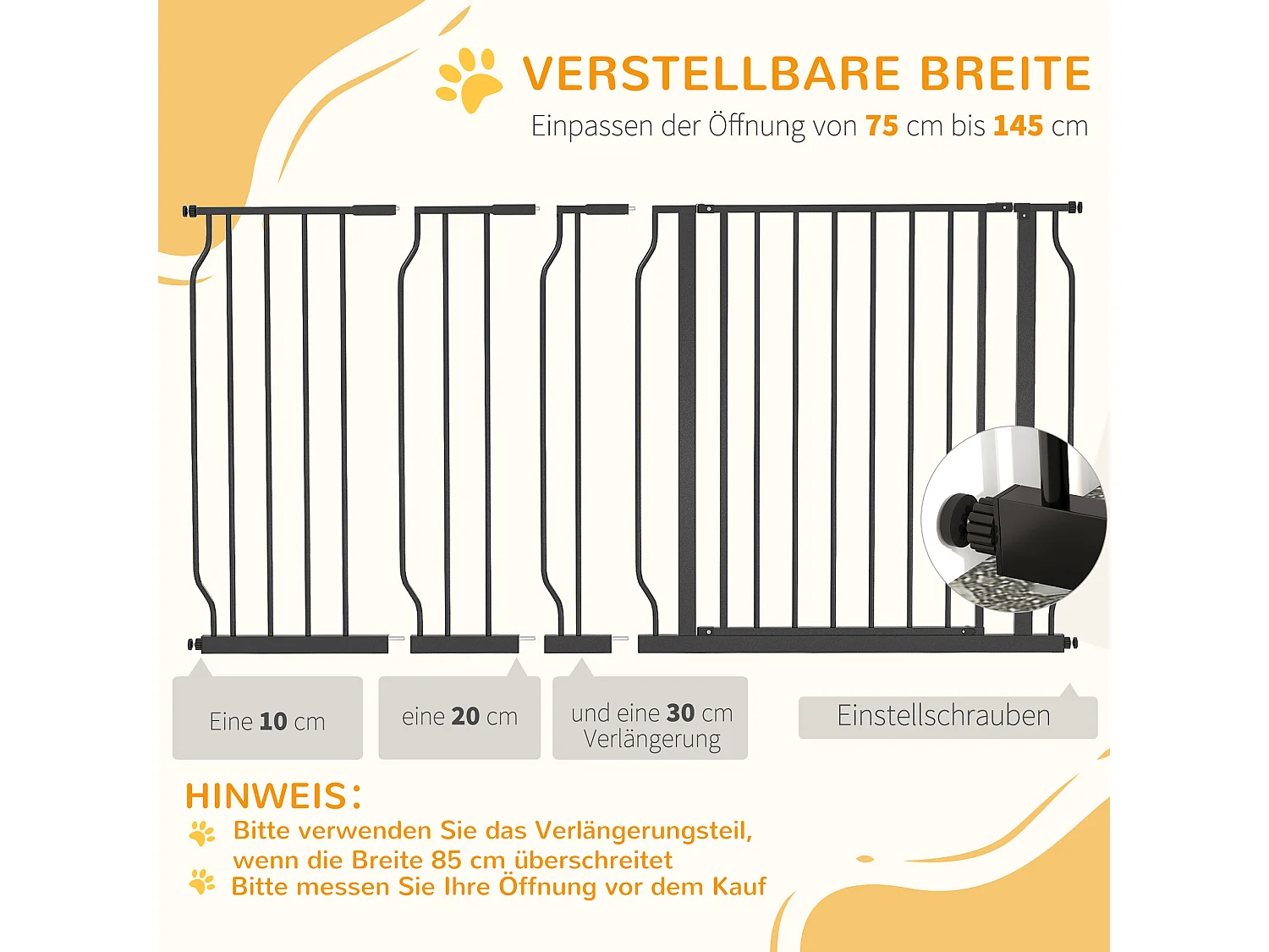 Barrière pour chien réglable, système de verrouillage double, ouverture bidirectionnelle, acier et ABS, noir (75-145x76x3 cm)