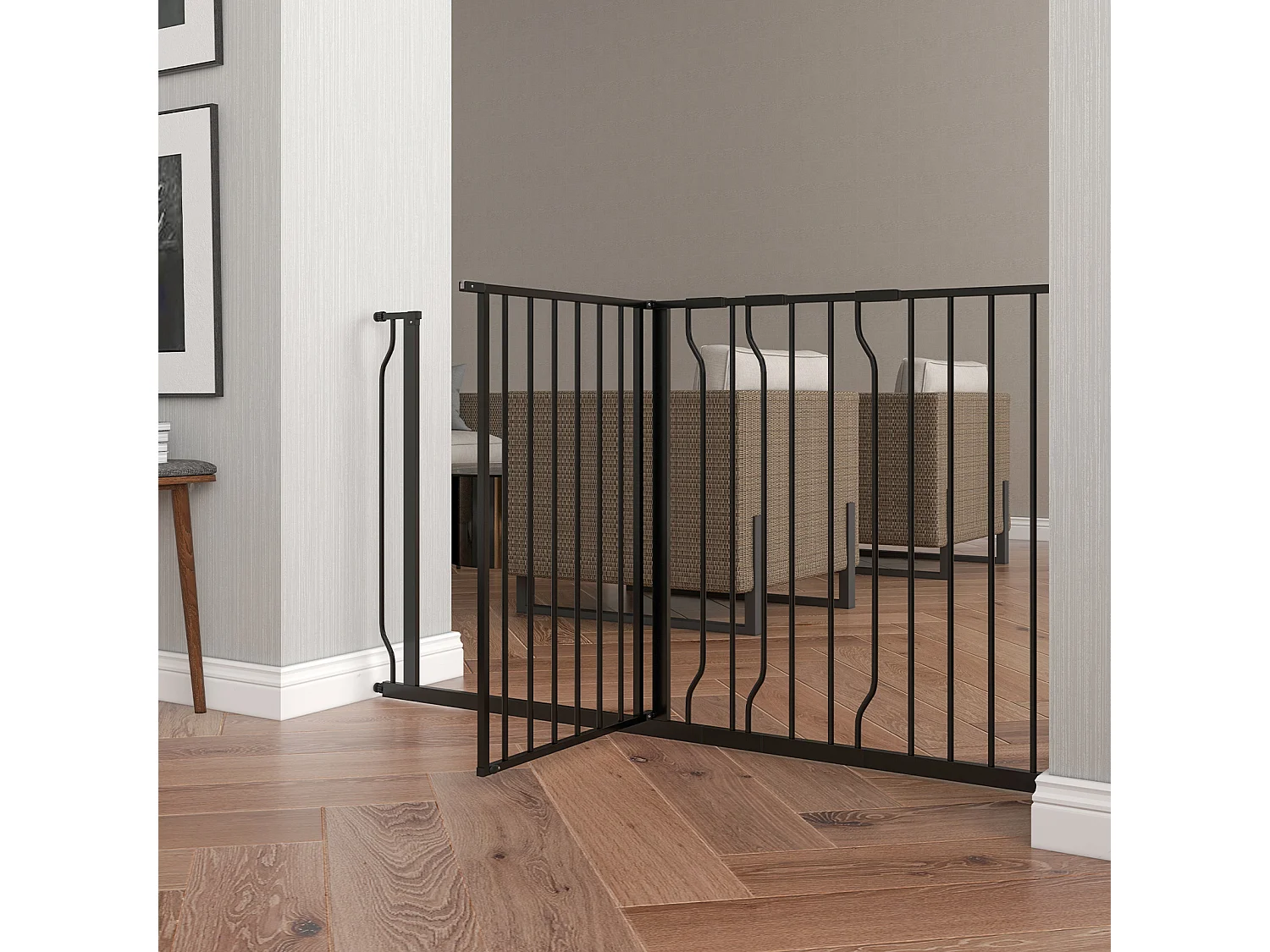 Barrière pour chien réglable, système de verrouillage double, ouverture bidirectionnelle, acier et ABS, noir (75-145x76x3 cm)