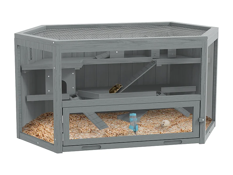 Cage hexagonale à 3 niveaux pour petits animaux, en bois et métal, grise, avec toit ouvrant et rampes (115x60x55cm)