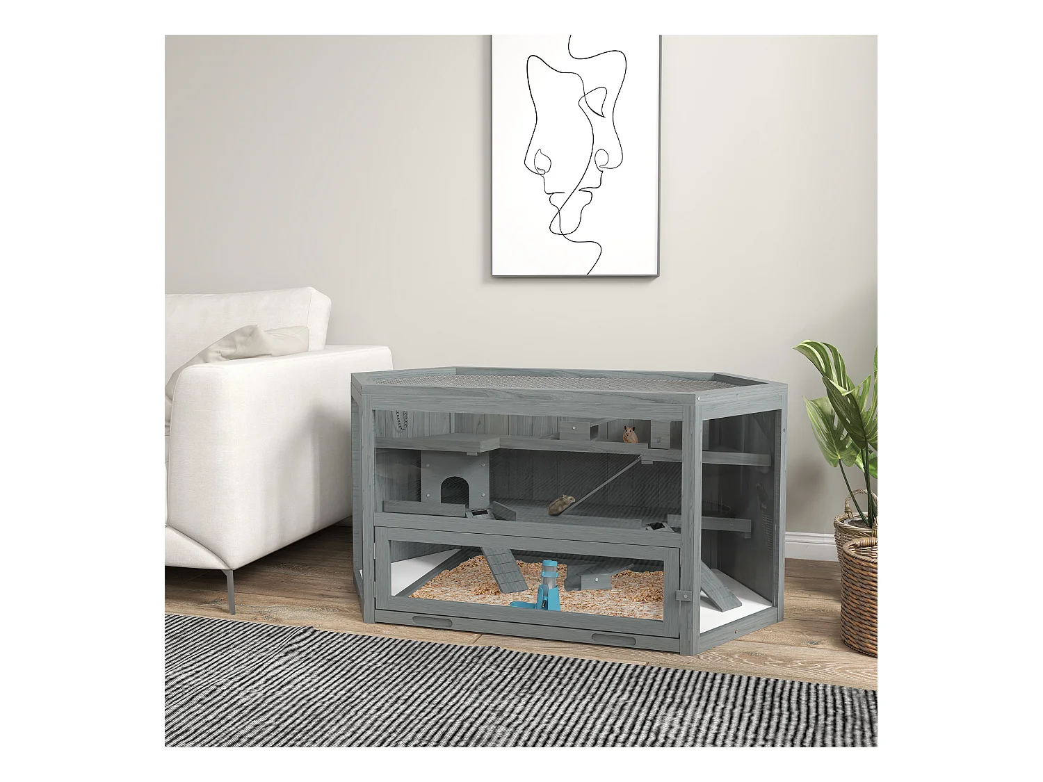 Cage hexagonale à 3 niveaux pour petits animaux, en bois et métal, grise, avec toit ouvrant et rampes (115x60x55cm)