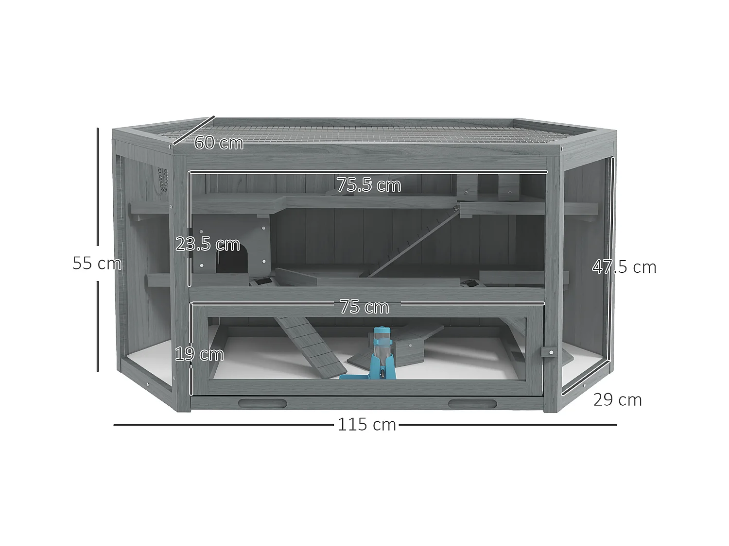 Cage hexagonale à 3 niveaux pour petits animaux, en bois et métal, grise, avec toit ouvrant et rampes (115x60x55cm)