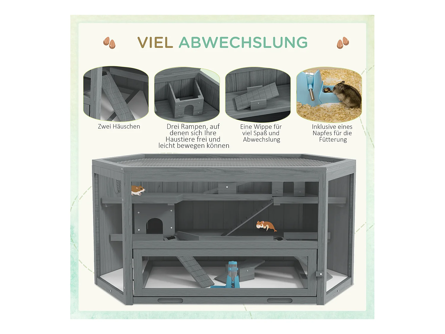 Cage hexagonale à 3 niveaux pour petits animaux, en bois et métal, grise, avec toit ouvrant et rampes (115x60x55cm)