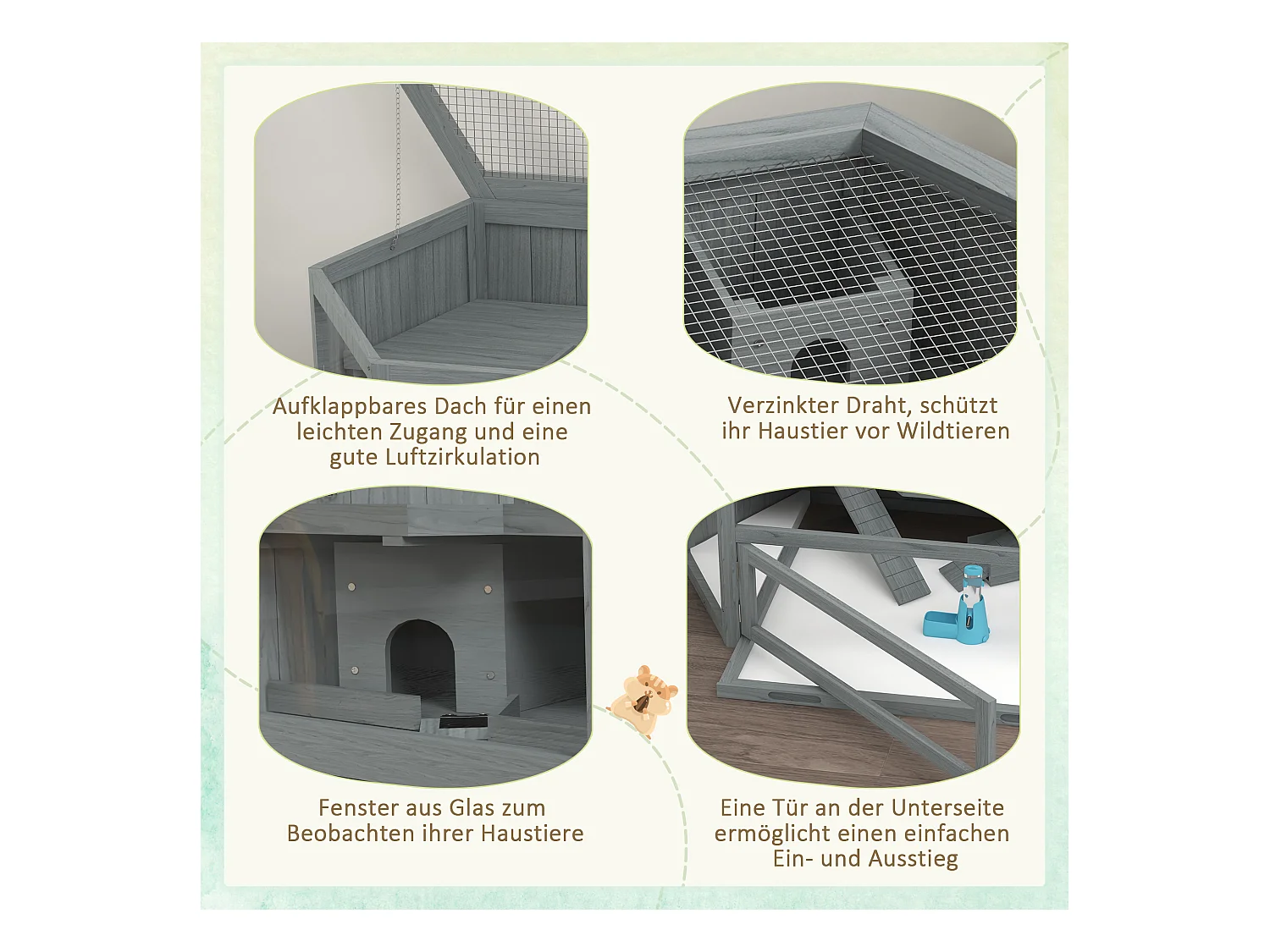 Cage hexagonale à 3 niveaux pour petits animaux, en bois et métal, grise, avec toit ouvrant et rampes (115x60x55cm)
