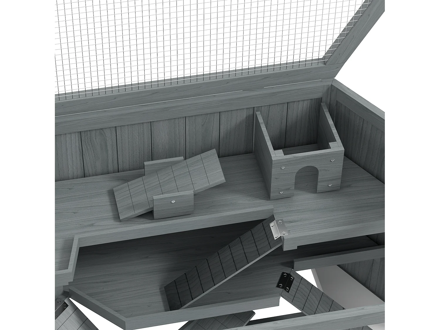 Cage hexagonale à 3 niveaux pour petits animaux, en bois et métal, grise, avec toit ouvrant et rampes (115x60x55cm)