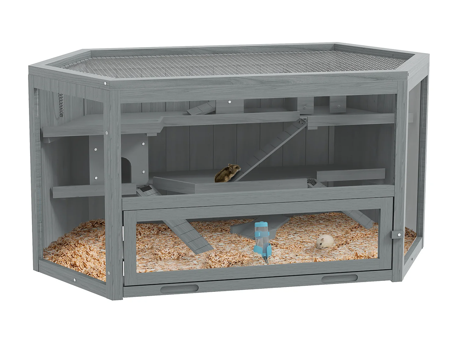 Cage hexagonale à 3 niveaux pour petits animaux, en bois et métal, grise, avec toit ouvrant et rampes (115x60x55cm)
