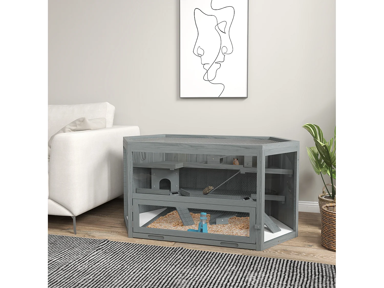 Cage hexagonale à 3 niveaux pour petits animaux, en bois et métal, grise, avec toit ouvrant et rampes (115x60x55cm)