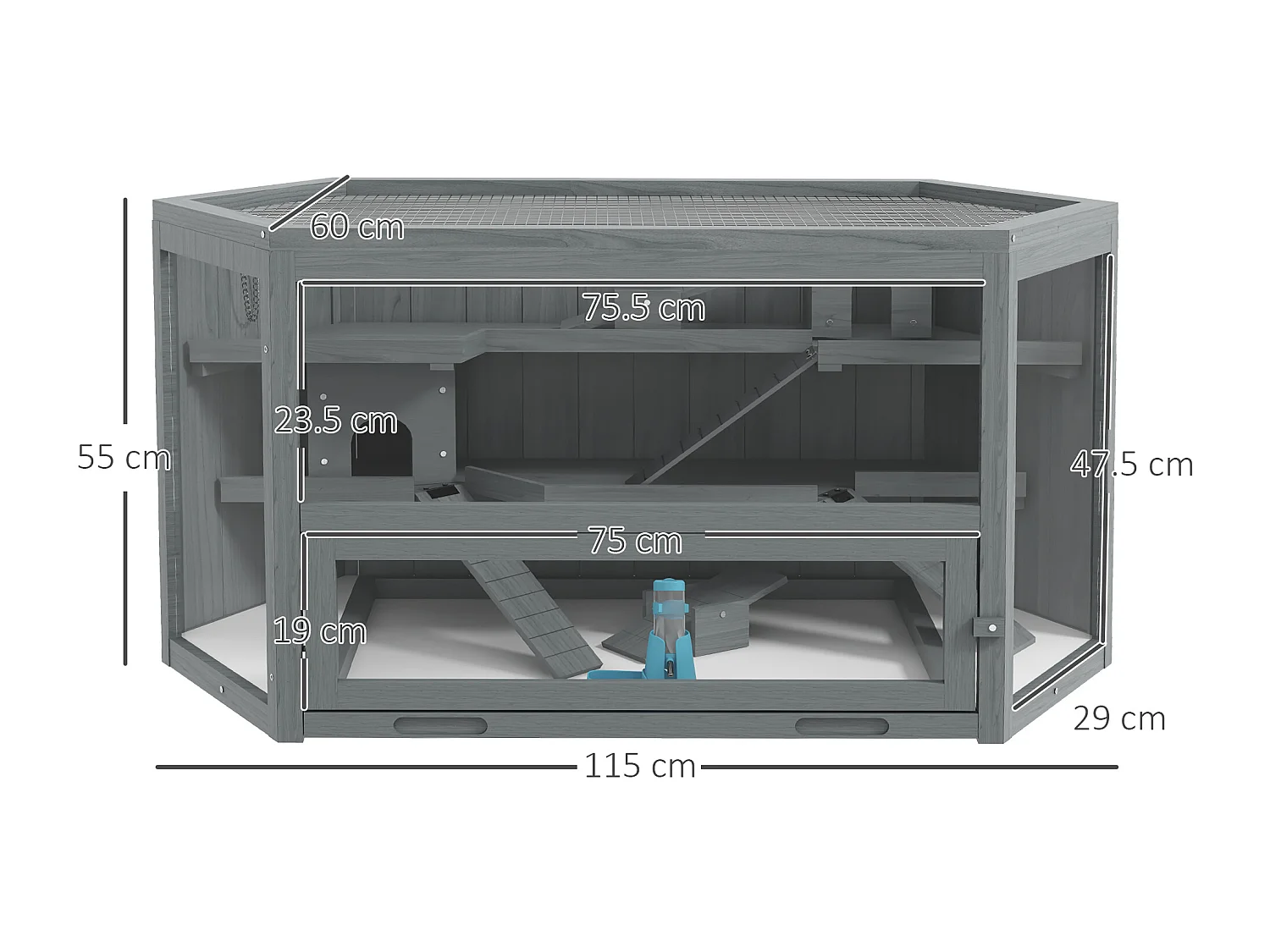 Cage hexagonale à 3 niveaux pour petits animaux, en bois et métal, grise, avec toit ouvrant et rampes (115x60x55cm)