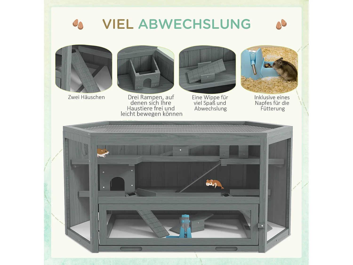 Cage hexagonale à 3 niveaux pour petits animaux, en bois et métal, grise, avec toit ouvrant et rampes (115x60x55cm)