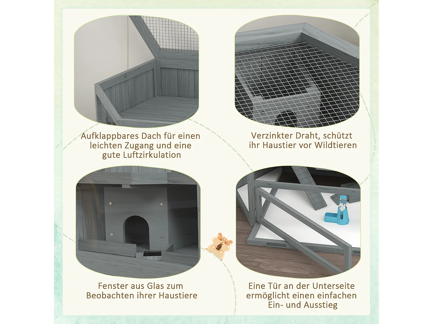 Cage hexagonale à 3 niveaux pour petits animaux, en bois et métal, grise, avec toit ouvrant et rampes (115x60x55cm)