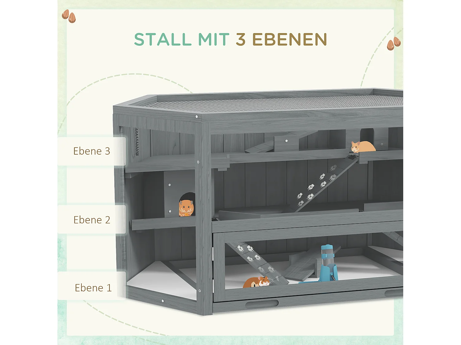 Cage hexagonale à 3 niveaux pour petits animaux, en bois et métal, grise, avec toit ouvrant et rampes (115x60x55cm)